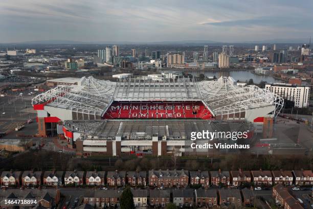General view of Old Trafford football ground with Media City/ Salford Quays in the background ahead of the Premier League match between Manchester...
