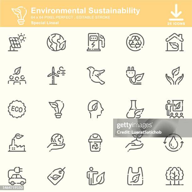 environmental sustainability ,eco , green ,ecology and energy lineal icons , editable stroke , 64x64 pixel perfect - climate research stock illustrations