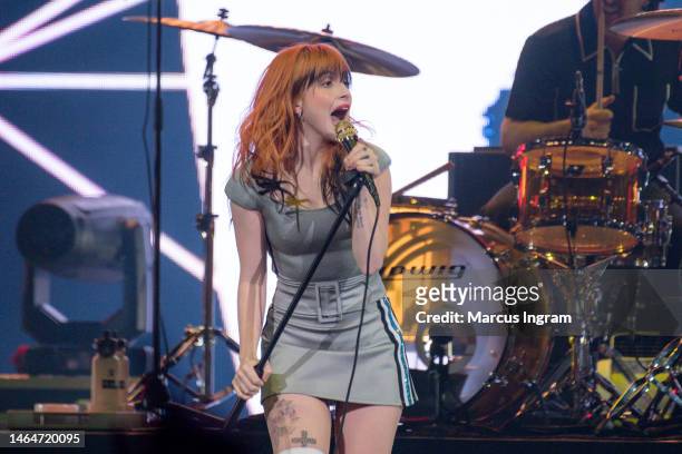 Hayley Williams of the rock band Paramore performs on stage during the 2023 Bud Light Super Bowl Music Festival at Footprint Center on February 09,...