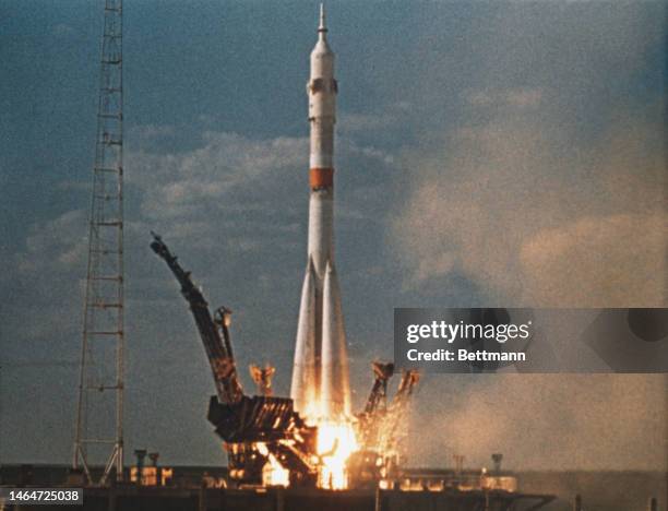 The Soviet spacecraft Soyuz, with Cosmonauts Aleksei Leonov and Valery Kubasov aboard, is launched from Baykonor Cosmodrome in Kazakhstan on the...