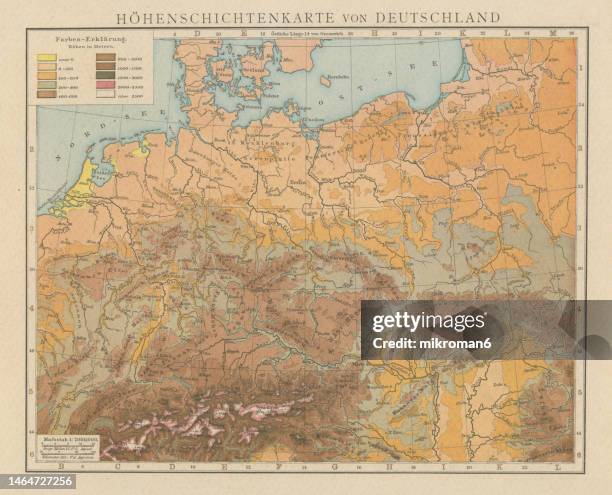 old chromolithograph illustration altitude (topographic) map of germany - zwitserland kaart stockfoto's en -beelden