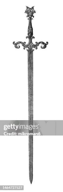 old engraved illustration of sword thought to have belonged to polish king - swords stock-fotos und bilder