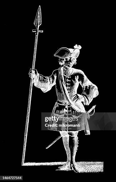 old engraved illustration of military uniforms from the early 18th century - major general stock pictures, royalty-free photos & images