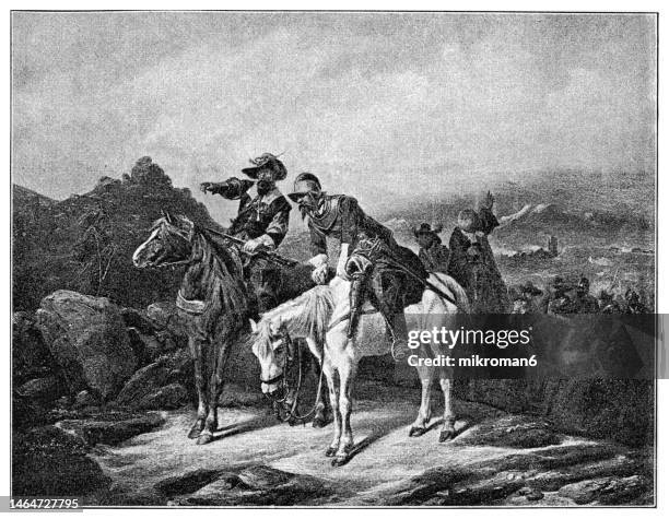 old engraved illustration of oliver cromwell soldiers - staatsmann stock-fotos und bilder