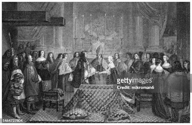 old engraved illustration of marriage of louis xiv to marie-thérèse of austria in the church of st-jean-de-luz, france (june 9, 1660) - yvelines stock pictures, royalty-free photos & images