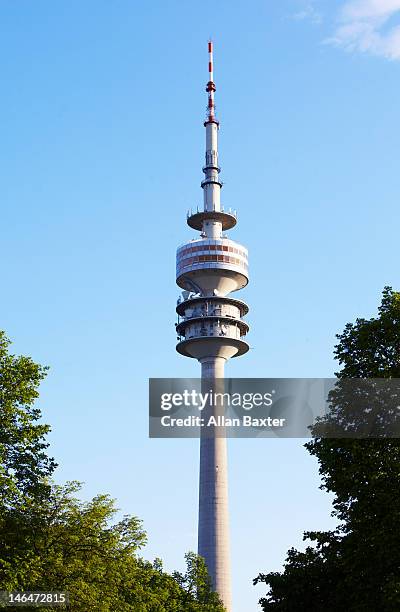 view of olympic tower - olympiapark münchen stock-fotos und bilder