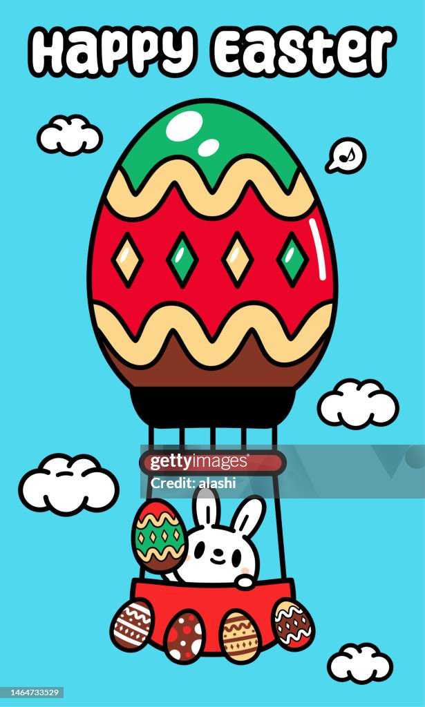 A cute Easter Bunny in a hot air balloon carrying Easter Eggs