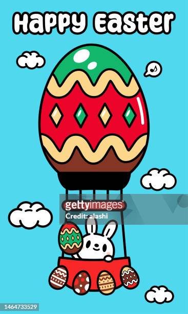 a cute easter bunny in a hot air balloon carrying easter eggs - hot air balloon ride stock illustrations