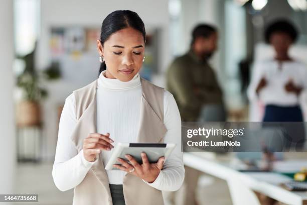 business, tablet and woman online in office for planning, internet research and startup management. female worker, digital technology and connection in agency with software app, website and analytics - job centre stock pictures, royalty-free photos & images