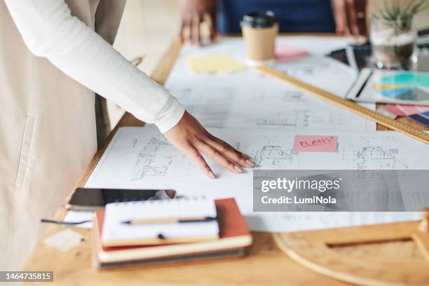 architecture, blueprint or hands in a meeting planning a creative strategy or building ideas together. people, brainstorming or designers speaking of project job goals with team work or collaboration - advertisement layout stock pictures, royalty-free photos & images