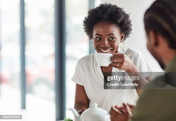 black woman, coffee shop tea and smile with happiness from cafe drink ready for date. mockup, happy adult and young person in a restaurant feeling relax and positive from dating in the morning - mug mockup stock pictures, royalty-free photos & images