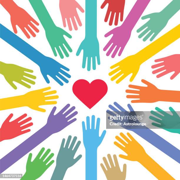 hands reaching for the heart - crowd hand heart stock illustrations
