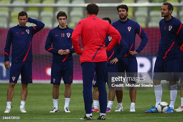 Slaven Bilic the coach of Croatia addresses his squad during a UEFA EURO 2012 training session at the Municipal Stadium on June 17, 2012 in Gdansk,...