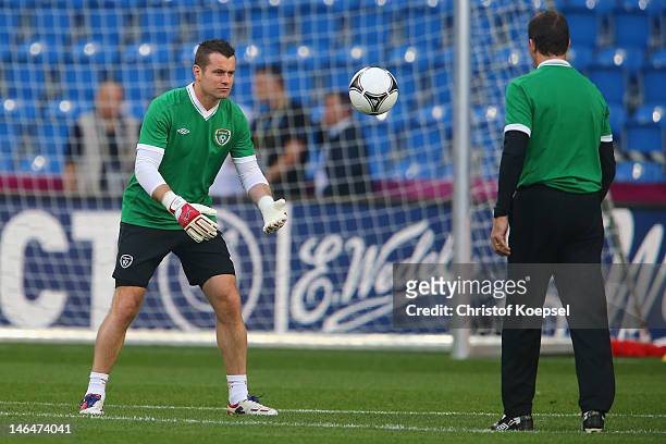 Shay Given of Ireland ctaches a ball during a UEFA EURO 2012 training session at the Municipal Stadium on June 17, 2012 in Poznan, Poland.