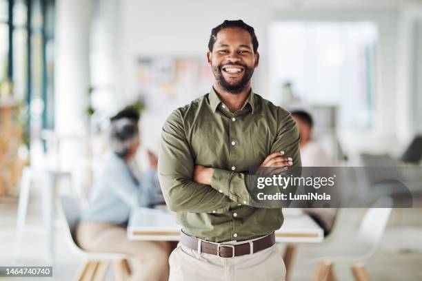 business, black man and portrait with arms crossed for leadership, management and trust. smile, happiness and male manager in startup agency with confidence, motivation and professional company goals - beautiful people stock pictures, royalty-free photos & images
