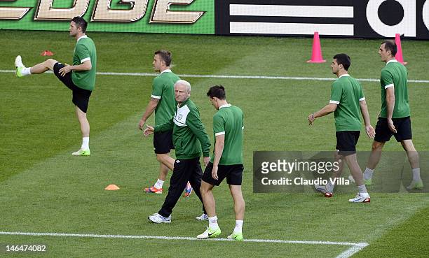 Giovanni Trapattoni coach of Ireland looks on as his players warm up during a UEFA EURO 2012 training session at the Municipal Stadium on June 17,...