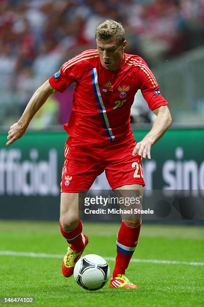 Pavel Pogrebnyak of Russia in action during the UEFA EURO 2012 group A match between Greece and Russia at The National Stadium on June 16, 2012 in...
