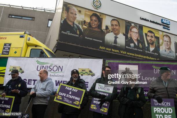 Striking UNISON members attend their picket line at the Waterloo Ambulance Station and call centre on February 10, 2023 in London, England. Thousands...