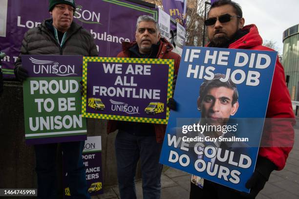 Striking UNISON members attend their picket line at the Waterloo Ambulance Station and call centre on February 10, 2023 in London, England. Thousands...