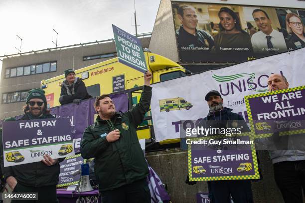 Striking UNISON members attend their picket line at the Waterloo Ambulance Station and call centre on February 10, 2023 in London, England. Thousands...
