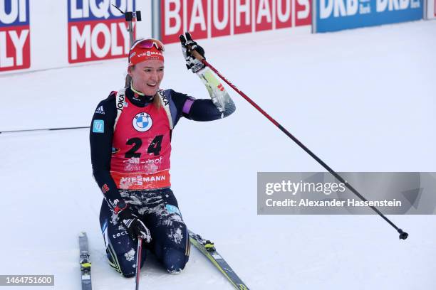 Denise Herrmann-Wick of Germany reacts following the Women 7.5 km Sprint at the IBU World Championships Biathlon Oberhof on February 10, 2023 in...