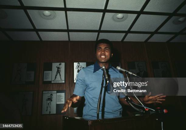 Heavyweight boxer Muhammad Ali addresses the press at a promotional event in New York for his upcoming championship fight , on August 29th, 1974. Ali...