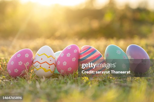 An Easter egg sits in the lawn in the evening golden sun. at Easter