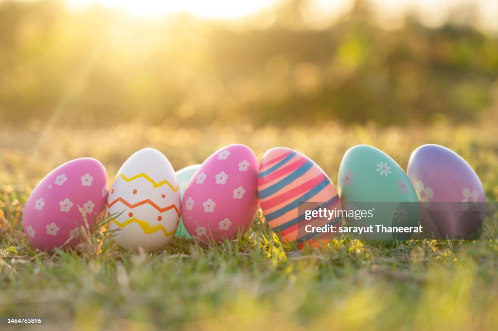 An Easter egg sits in the lawn in the evening golden sun. at Easter