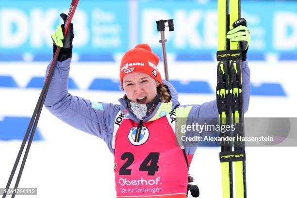 Gold medalist Denise Herrmann-Wick of Germany celebrates during the flower ceremony for the Women 7.5 km Sprint at the IBU World Championships...