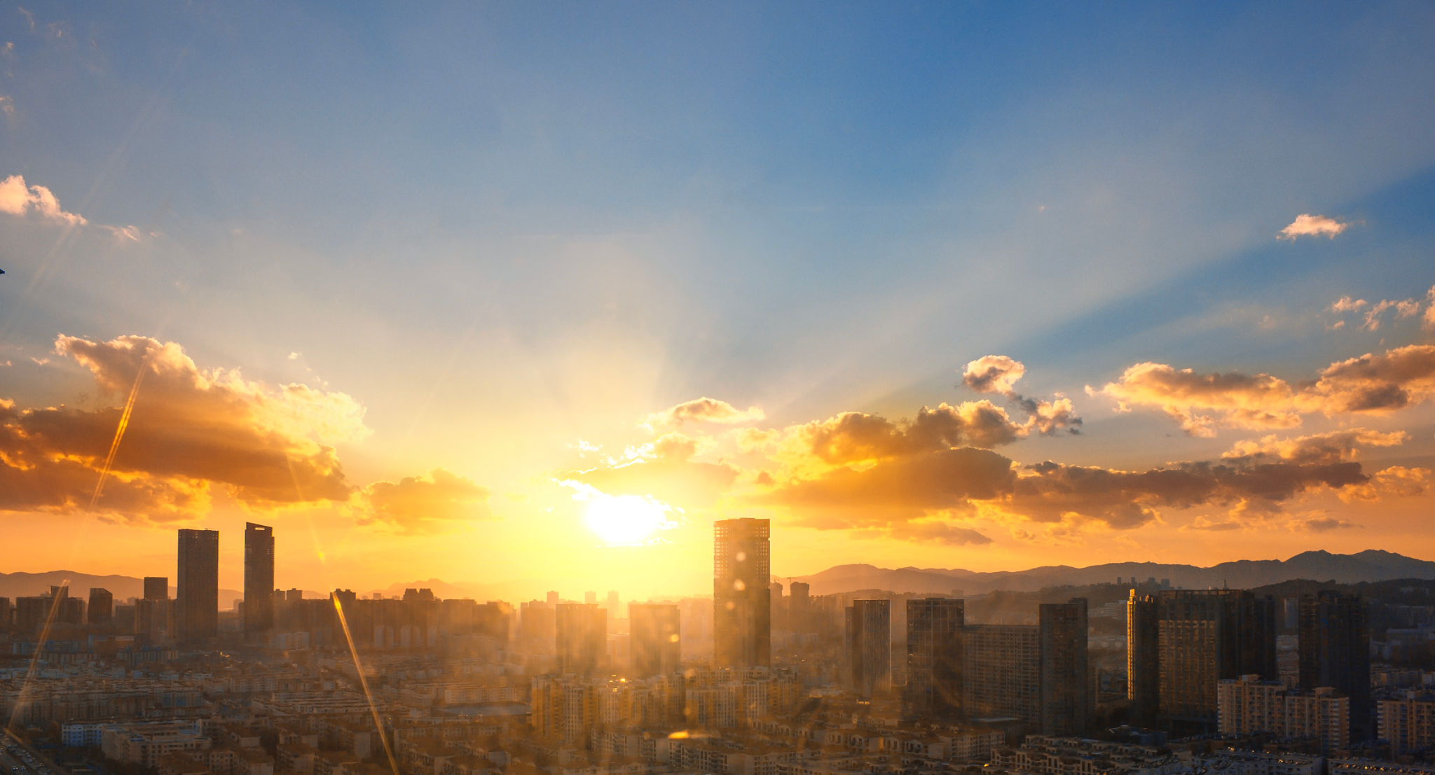 sunset over city