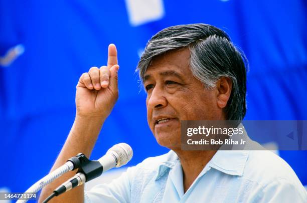 McFARLAND, CALIFORNIA United Farm Workers President Cesar Chavez speaks to supporters during a farm workers support walk and speech, June 4, 1988 in...