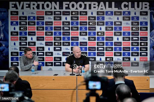 Sean Dyche speaks to the media during the Everton Press Conference at Finch Farm on February 10, 2023 in Halewood, England.