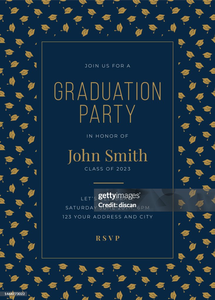 Graduation Class of 2023. Party invitation. Design template with icon elements.