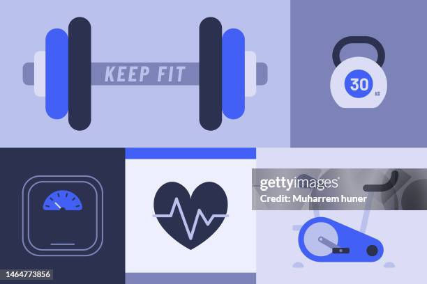 gym workout konzept vektor illustration in blauen und grauen farben. - trainingslager stock-grafiken, -clipart, -cartoons und -symbole
