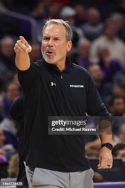 Head coach Chris Collins of the Northwestern Wildcats reacts against the Rutgers Scarlet Knights at Welsh-Ryan Arena on January 11, 2023 in Evanston,...