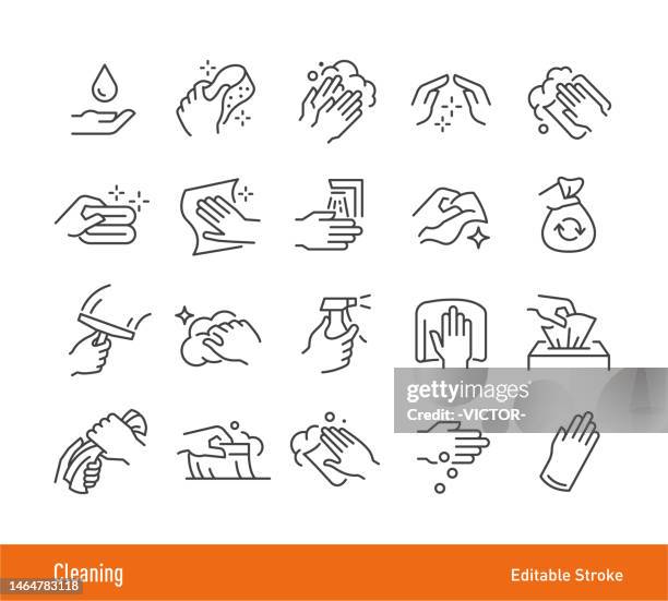 cleaning icons - editable stroke - line icon series - hand holding a bottle stock illustrations