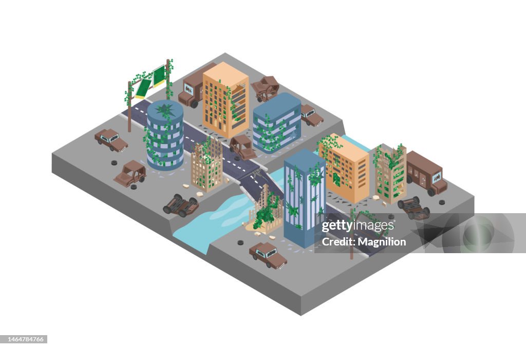 Post Apocalypse Abandoned City Isometric Vector