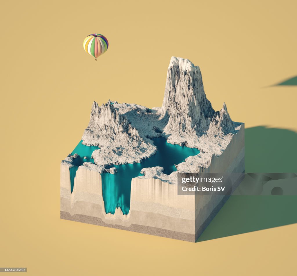 Hot air balloon above the rocky island