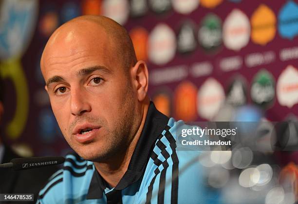In this handout image provided by UEFA, Pepe Reina of Spain talks to the media during a UEFA EURO 2012 press conference at the Municipal Stadium on...