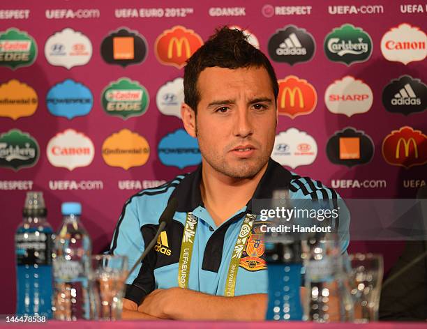 In this handout image provided by UEFA, Santi Cazorla of Spain talks to the media during a UEFA EURO 2012 press conference at the Municipal Stadium...