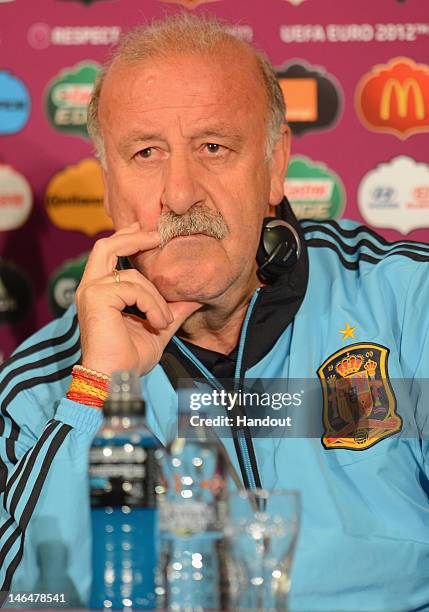 In this handout image provided by UEFA, Coach Vicente del Bosque of Spain talks to the media during a UEFA EURO 2012 press conference at the...