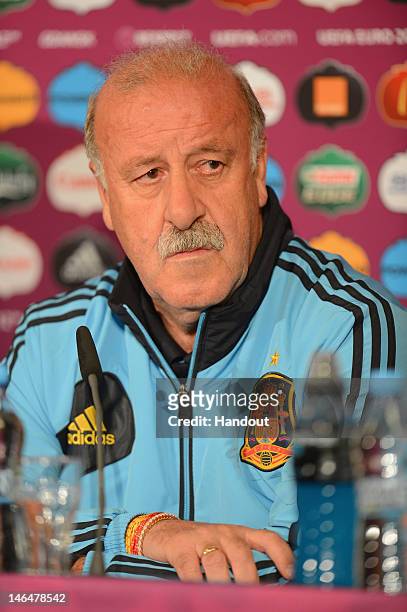 In this handout image provided by UEFA, Coach Vicente del Bosque of Spain talks to the media during a UEFA EURO 2012 press conference at the...