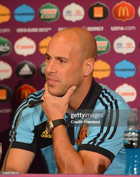 In this handout image provided by UEFA, Pepe Reina of Spain talks to the media during a UEFA EURO 2012 press conference at the Municipal Stadium on...