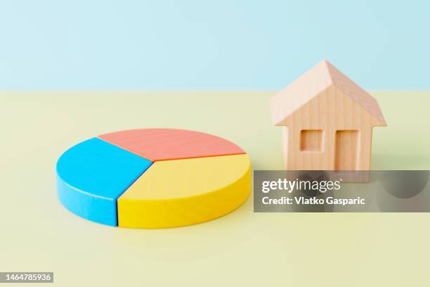 wooden block house and multicolored pie chart - cutting costs stock pictures, royalty-free photos & images