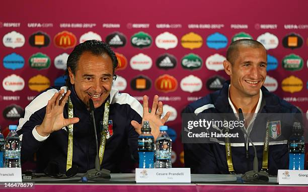 In this handout image provided by UEFA, Cesare Prandelli of Italy talks to the media during a UEFA EURO 2012 press conference ahead of the UEFA EURO...