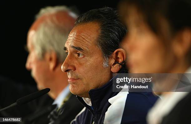 In this handout image provided by UEFA, Cesare Prandelli of Italy talks to the media during a UEFA EURO 2012 press conference ahead of the UEFA EURO...