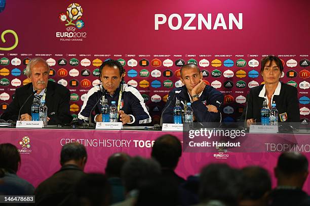 In this handout image provided by UEFA, Cesare Prandelli and Giorgio Chiellini of Italy talk to the media during a UEFA EURO 2012 press conference...