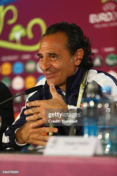 In this handout image provided by UEFA, Cesare Prandelli of Italy talks to the media during a UEFA EURO 2012 press conference ahead of the UEFA EURO...