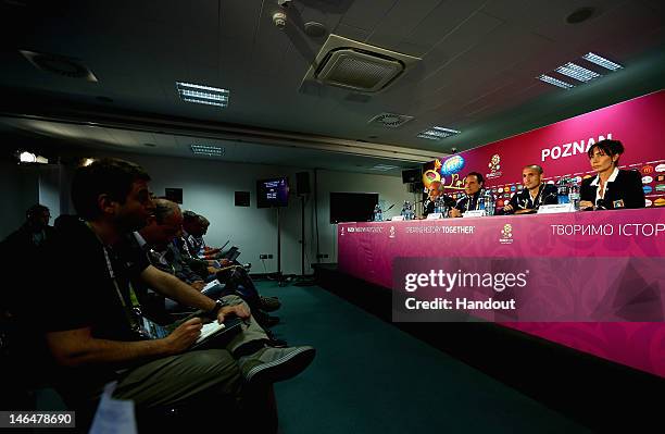 In this handout image provided by UEFA, Cesare Prandelli of Italy talks to the media during a UEFA EURO 2012 press conference ahead of the UEFA EURO...