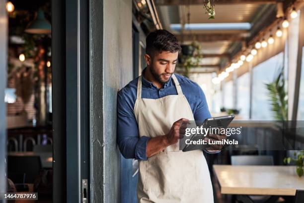 tablet, waiter or small business man for communication, networking or online order check. research, planning startup or employee for inventory checklist, stock management or social media seo review - catering stockfoto's en -beelden